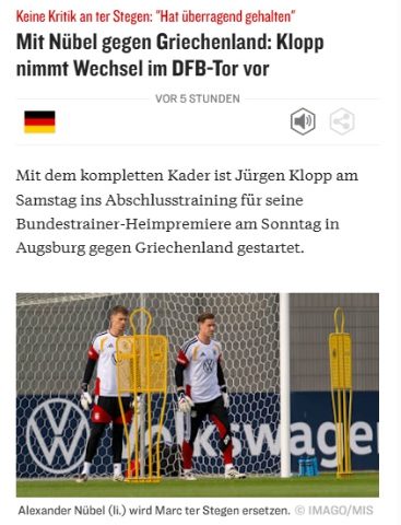 kicker, 16:52: Klopp confirms Nübel in goal against Greece.